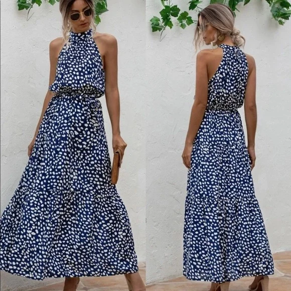 Boho Gypsy Halter Belted Maxi Dress New NAVY - Picture 2 of 3